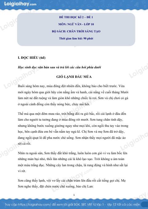 Đề thi học kì 2 Văn 10 Chân trời sáng tạo - Đề số 1